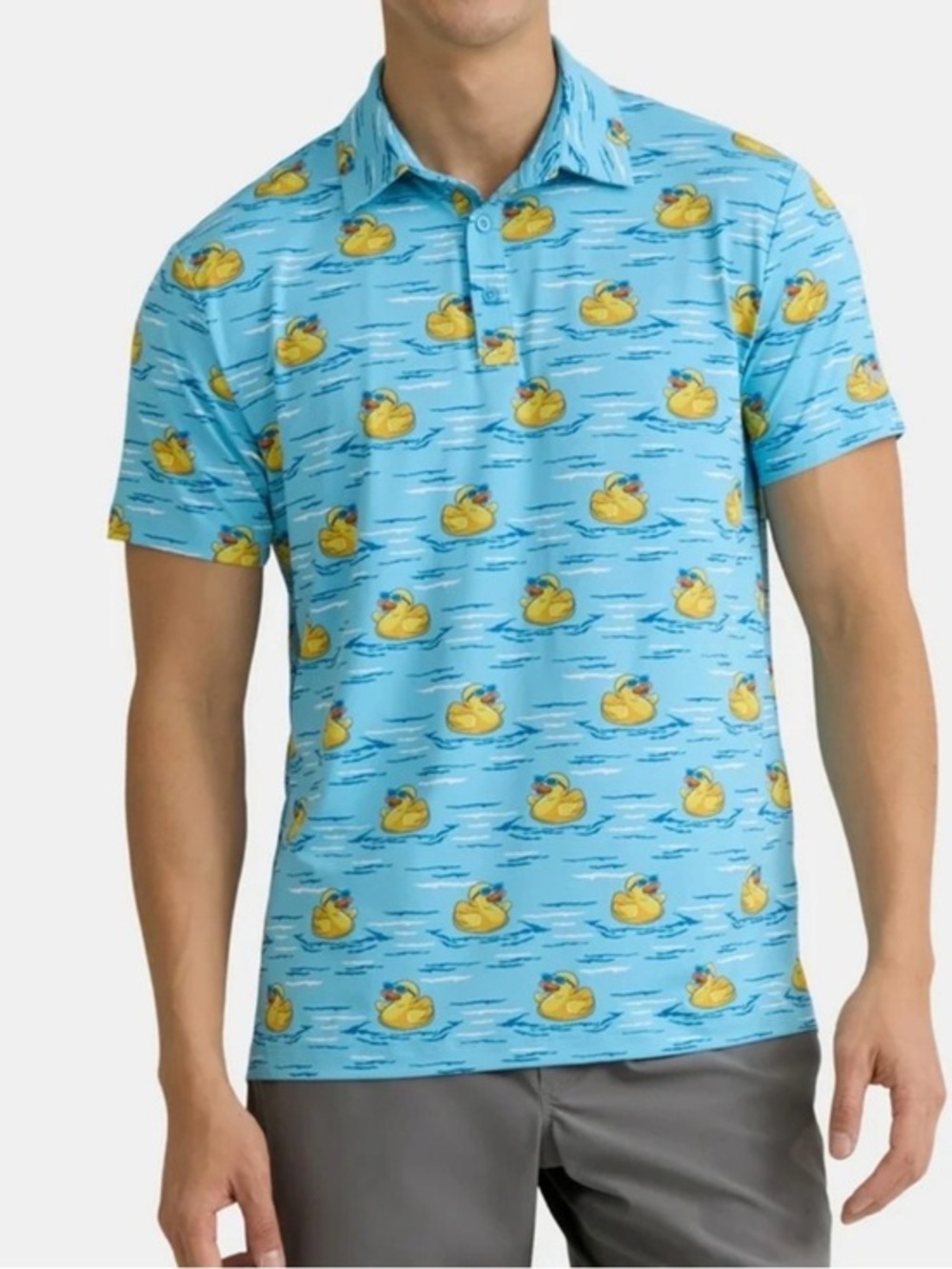 Birdie Bound Men’s Golf Polo Shirt Blue Rubber Duck Print Short Sleeve S